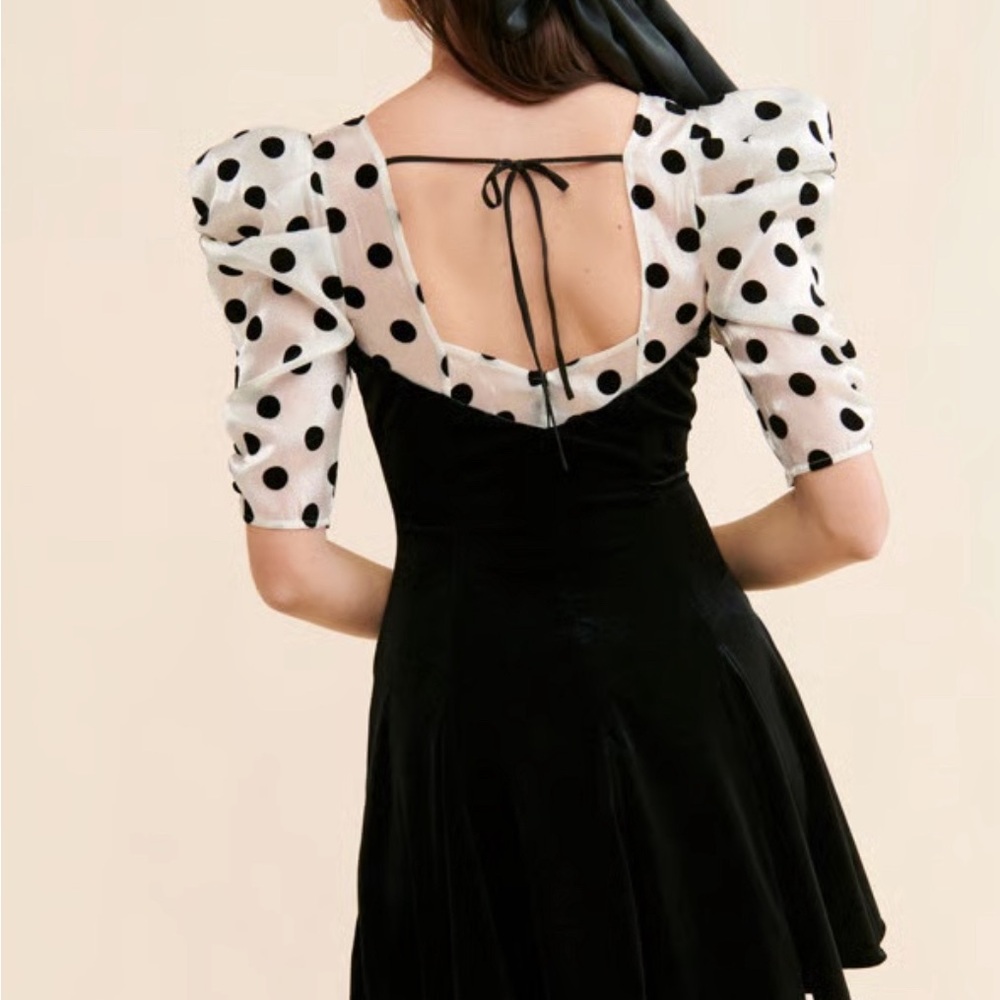 For Love And Lemons Black Velvet Mini Dress with Polka Dot Sleeves - Picture 2 of 8